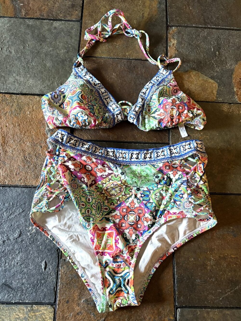 Nanette Lepore Greek Tiles high waist bikini set boho paisley size S